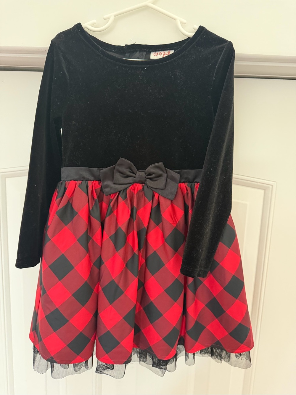 Cat & Jack Black Velvet Top with Red & Black Buffalo Plaid Skirt Dress
